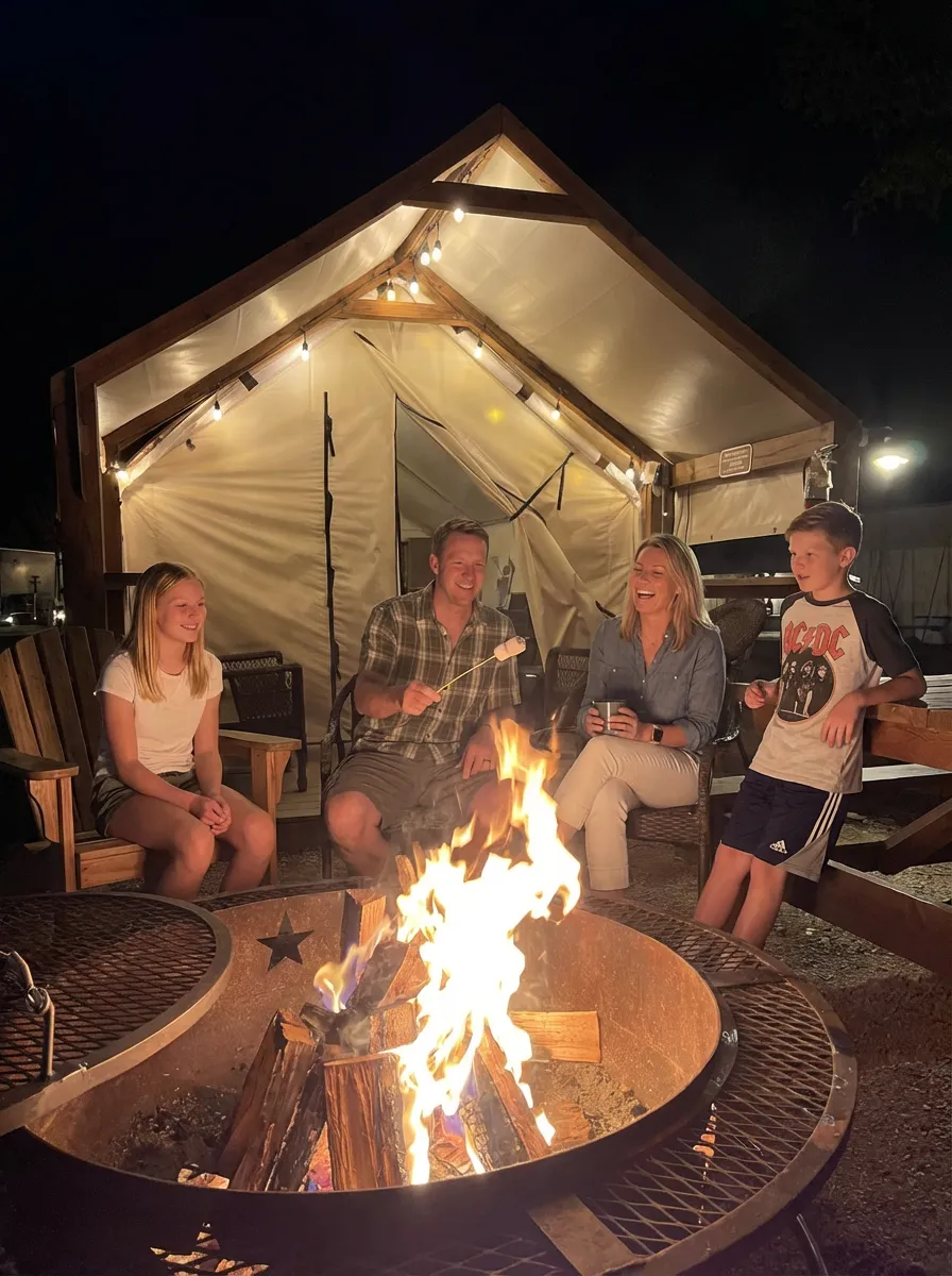 Family around a campfire at Son's Rio Cibolo
