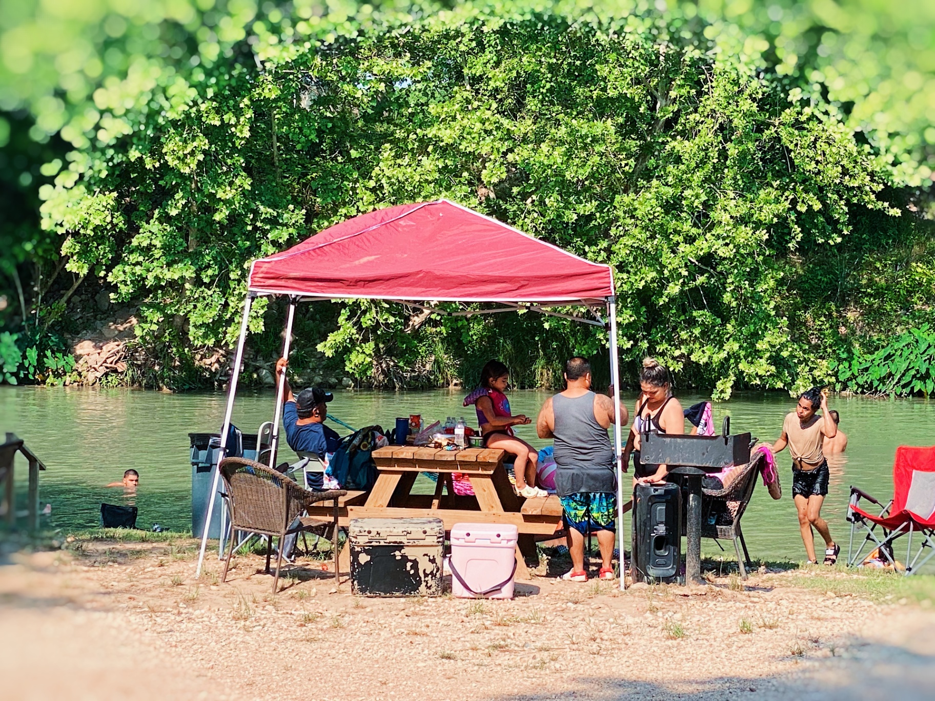 Covered picnic table by creek