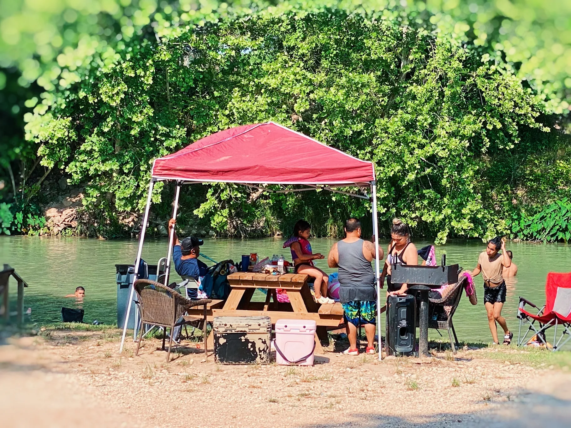 Covered picnic table by creek