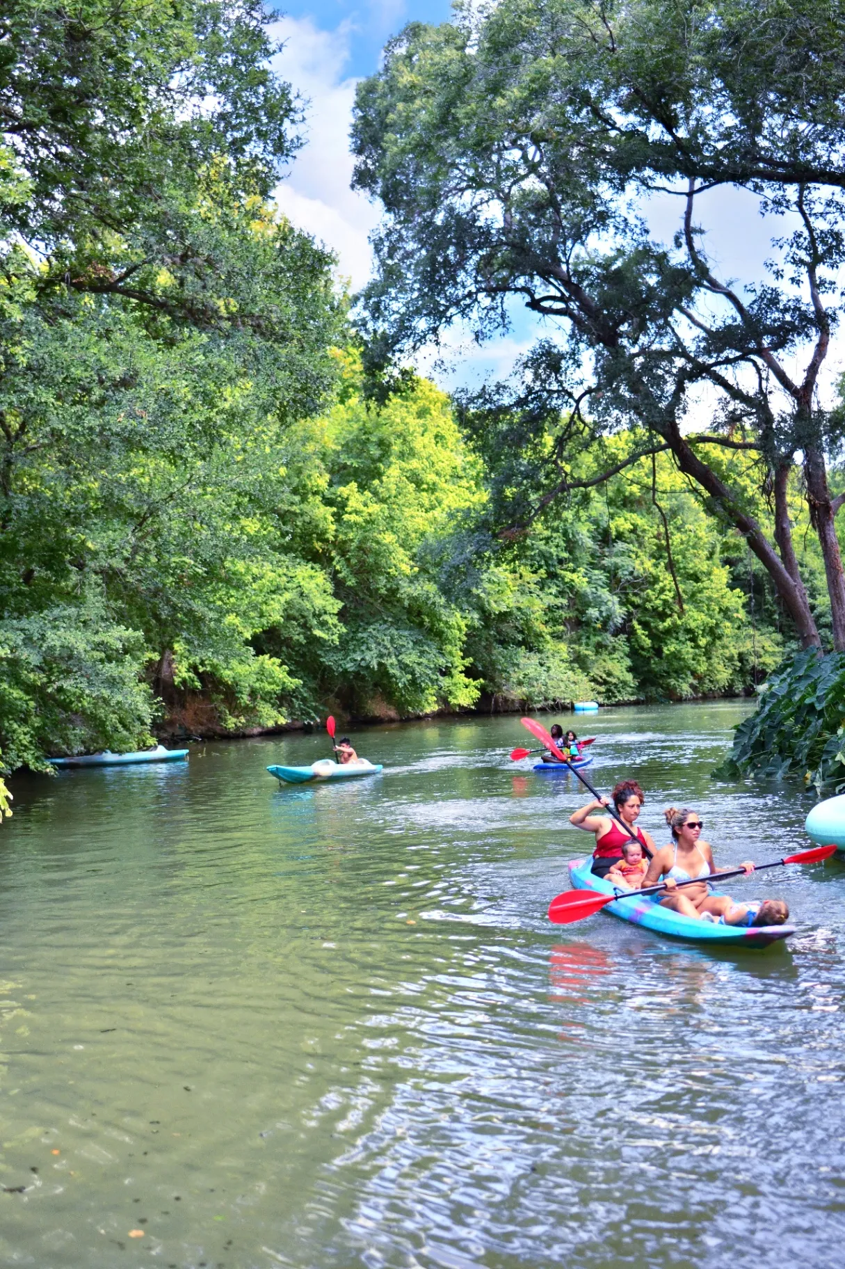 Families kayaking on the river